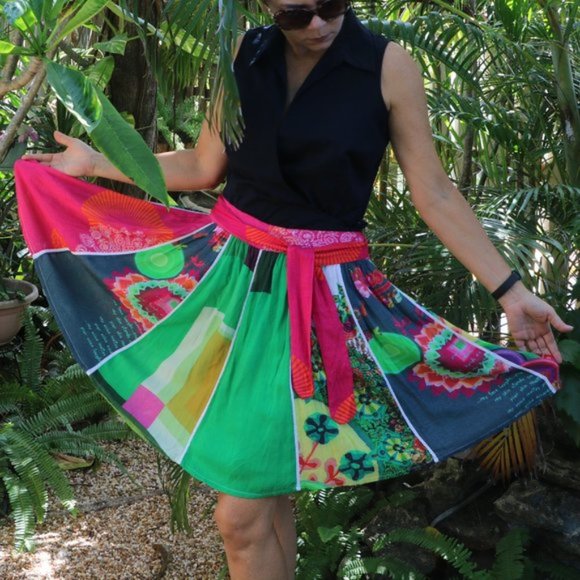Desigual RARE Pink/Green PAKAIAN Jadi Wanita Cotton Mini Skirt, Size 42 (10) - Picture 2 of 8